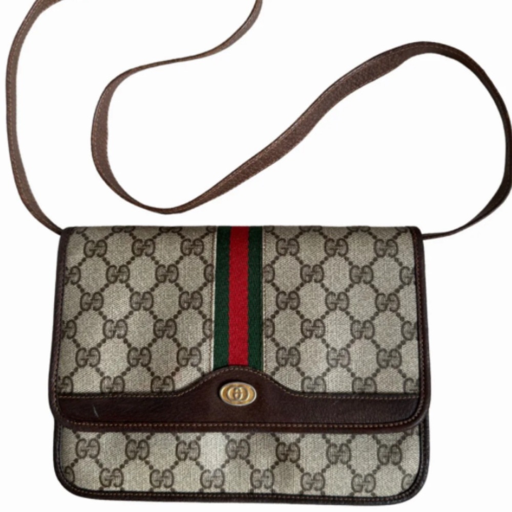 Gucci Brown and Cream Shoulder Bag with Red and Green Stripe
